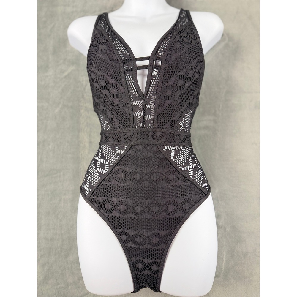 Becca Show & Tell Plunge One Piece Swimsuit Black Crochet Lace Large 991037